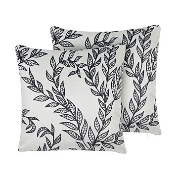 Set Of 2 Scatter Cushions White And Black Velvet 45 X 45 Cm Leaf Pattern Floral Print Decorative Throw Pillows Removable Covers Zip Fastener Beliani