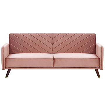 Sofa Bed Pink Velvet Fabric Retro Living Room 3 Seater Wooden Legs Track Arms Beliani