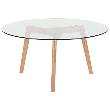 Coffee Table Transparent Round Glass Top 3 Light Wood Legs Scandinavian Minimalistic Beliani