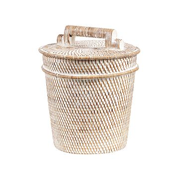 Basket White Rattan Painted 21 Cm Height Home Storage With Lid Boho Rustic Decor Painted Beliani