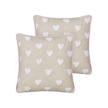 Set Of 2 Scatter Cushions Beige Cotton 45 X 45 Cm Embroidered Hearts Pattern Beliani