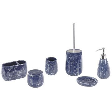 Bathroom Accessories Set Blue Marble Ceramic Glam Glamour Soap Dispenser Toilet Brush Tumbler Beliani