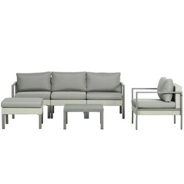 Outsunny 6 Pieces Patio Furniture Set With Sofa, Armchair, Stool, Metal Table, Cushions, For Outdoor, Light Grey