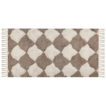 Area Rug Brown And Beige Cotton 80 X 150 Cm Rectangular With Tassels Geometric Pattern Boho Oriental Style Beliani