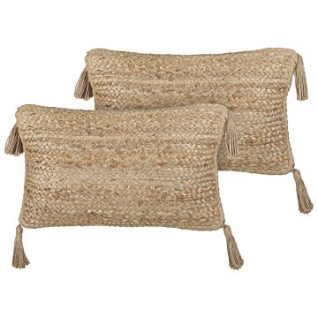 Set Of 2 Decorative Cushions Beige Jute 30 X 50 Cm Woven Removable With Zipper Tassels Rectangular Boho Decor Accessories Beliani
