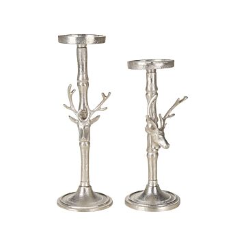 Set Of 2 Candlesticks Silver Metal Glamour Handmade Deer Heads Dining Room Bedroom Beliani