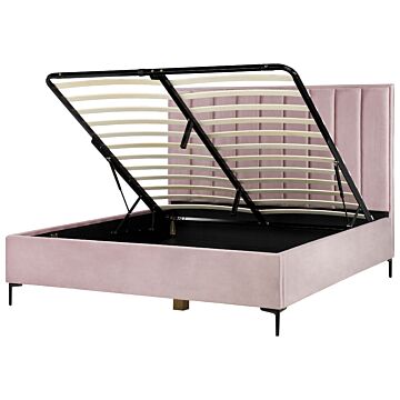 Bed Frame Pink Velvet Eu Super King Size 6ft With Ottoman Storage Padded Headboard Black Metal Legs Beliani