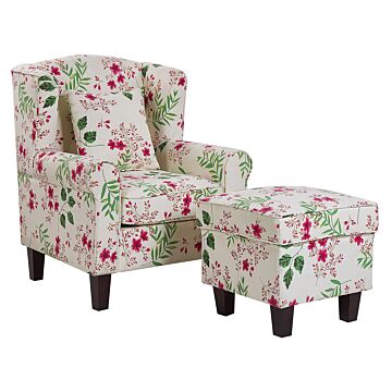 Armchair With Footstool Cream Floral Pattern Fabric Wooden Legs Wingback Style Beliani