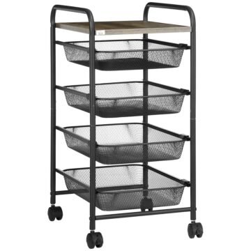 Homcom Storage Trolley On Wheels, Rolling Utility Serving Cart With 4 Mesh Trays For Living Room, Kitchen, Black