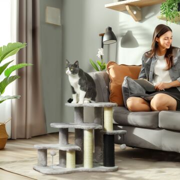 Pawhut Cat Tree 2 In 1 Pet Stairs W/ Scratching Tickling Post, Toy Balls, For Bed, Sofa, Couch, Light Grey