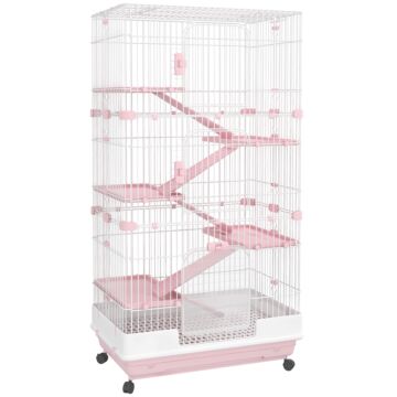 Pawhut 6 Levels Small Animal Cage Indoor Bunny House For Ferret Chinchilla With Wheels, Slide-out Tray, Pink
