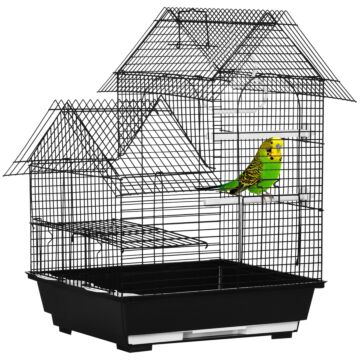Pawhut Metal Bird Cage With Stand For Parrot Cockatiel Budgie Finch Canary Food Containers Swing Ring Tray Handle Small Black 39 X 33 X 47 Cm