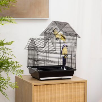 Pawhut Metal Bird Cage With Stand For Parrot Cockatiel Budgie Finch Canary Food Containers Swing Ring Tray Handle Small Black 39 X 33 X 47 Cm