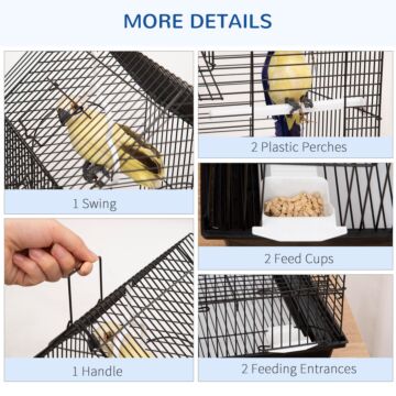 Pawhut Metal Bird Cage With Stand For Parrot Cockatiel Budgie Finch Canary Food Containers Swing Ring Tray Handle Small Black 39 X 33 X 47 Cm