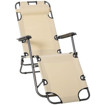 Outsunny 2 In 1 Sun Lounger Folding Reclining Chair Garden Outdoor Camping Adjustable Back With Pillow Beige