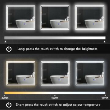 Kleankin Led Bathroom Mirror With Lights, Illuminated Makeup Mirror, Vanity Mirror With 3 Colour, Smart Touch, Anti-fog