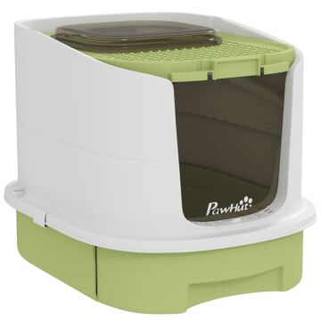 Pawhut Cat Litter Box With Lid, Scoop, Deodorisation Bags, Top Entry, Green