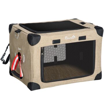 Pawhut One-step Folding Cat Carrier, Portable Pet Carrier Bag With Cushion, Pet Travel Carrier With Adjustable Strap, Cat House For Xs Dogs Khaki