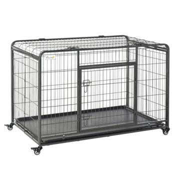 Pawhut Heavy Duty Dog Crates Foldable Doge Kennel And Dog Cage Pet Playpen With Double Doors Removable Tray Lockable Wheels 125cm X 76cm X 81cm.