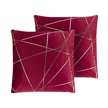 Set Of 2 Scatter Cushions Red Velvet 45 X 45 Cm Gold Geometric Pattern Decorative Throw Pillows Removable Covers Zipper Closure Glam Style Beliani