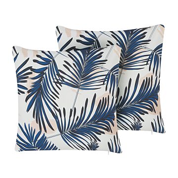 Set Of 2 Outdoor Cushions Blue Polyester 45 X 45 Cm Palm Leaf Print Pattern Garden Patio Beliani
