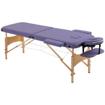 Homcom Portable Massage Bed, Folding Spa Beauty Massage Table With 2 Sections, Carry Bag And Wooden Frame, Purple
