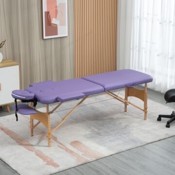 Homcom Portable Massage Bed, Folding Spa Beauty Massage Table With 2 Sections, Carry Bag And Wooden Frame, Purple