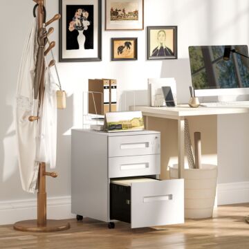 Vinsetto Metal Mobile File Cabinet With Wheels, Lockable 3 Drawer Filing Cabinet For A4, Legal, Letter, Under Desk Office Cabinet With Pre-assembled Body For Home Office, 39 X 48 X 60 Cm, White