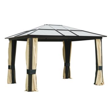 Outsunny 3.6 X 3(m) Hardtop Gazebo Canopy With Polycarbonate Roof And Aluminium Frame, Garden Pavilion With Mosquito Netting And Curtains, Brown