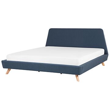 Bed Frame Blue Fabric Upholstery Light Wood Legs Super King Size 6ft Retro Beliani