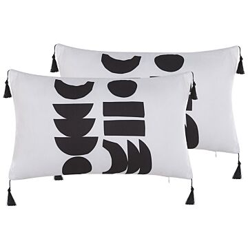 Set Of 2 Cushions White And Black Polyester Cover 30 X 50 Cm Decorative Pillows Geometric Pattern Beliani