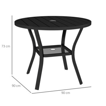 Outsunny 90 Cm Garden Dining Table With 4-5 Cm Parasol Hole, Round Outdoor Dining Table, Steel Garden Table With Slatted Metal Top And Wire Shelf For Balcony, Porch, Black