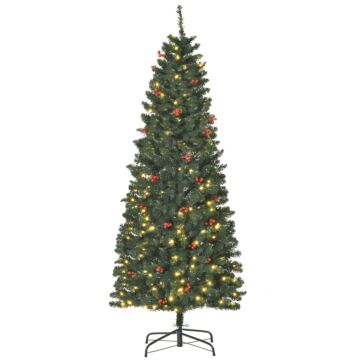 Homcom 6ft Prelit Artificial Pencil Christmas Tree With Warm White Led Light, Red Berry, Holiday Home Xmas Decoration, Green