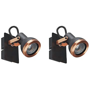 Set Of 2 Wall Lamps Black And Copper Metal 1-light Swing Arm Cone Shade Spotlight Design Beliani