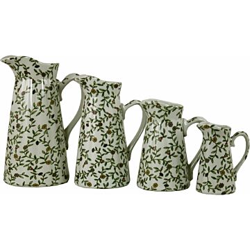 Set Of 4 Ceramic Jugs, Vintage Green & White Floral Design