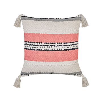 Decorative Pillow Beige And Red Cotton 45 X 45 Cm Striped Pattern With Tassels Boho Design Throw Cushions Beliani