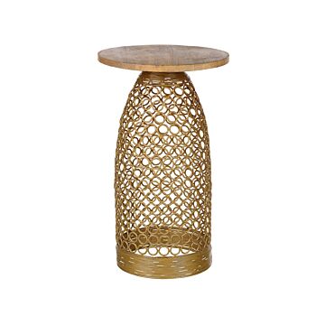 Side Table Light Wood And Gold Mango Top Metal Round Geometric Shape Modern End Table Beliani