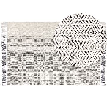 Rug White And Grey Wool Cotton 160 X 230 Cm Hand Woven Flat Weave With Tassels Beliani
