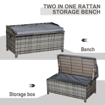 Outsunny Patio Pe Rattan Wicker Storage Basket Box Bench Seat Furniture W/ Cushion Mixed Grey