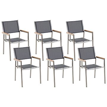 Set Of 6 Garden Dining Chairs Grey And Silver Textile Seat Stainless Steel Legs Stackable Outdoor Resistances Beliani