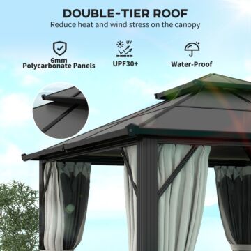 Outsunny 3 X 3(m) Hardtop Gazebo Canopy With Upf30+ Double Polycarbonate Roof, Aluminium Frame Garden Gazebo Permanent Pavilion With Mosquito Netting And Curtains For Patio, Deck, Grey