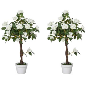 Outsunny Set Of 2 Artificial Plants White Rose Floral In Pot, Fake Plants For Home Indoor Outdoor Decor, 90cm