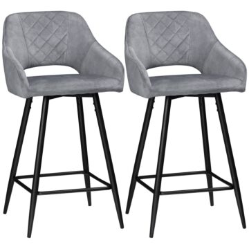 Homcom Set Of 2 Bar Stools With Backs, Velvet-touch Fabric Counter Height Bar Chairs, Kitchen Stools With Steel Legs For Dining Area, Grey