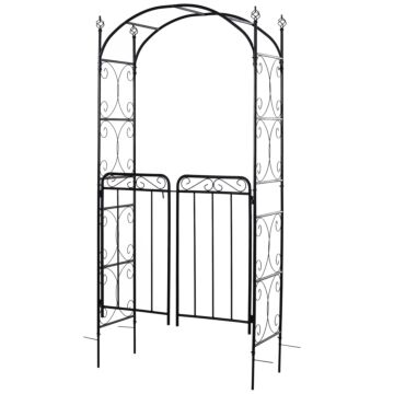 Outsunny Garden Decorative Metal Arch With Gate Outdoor Patio Trellis Arbor For Climbing Plant Archway Antique Black - 108l X 45w X 215hcm