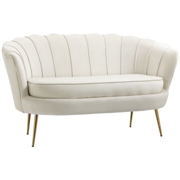 Homcom 2 Seater Sofa, Modern Velvet Loveseat Sofa, Fabric Small Couch With Petal Backrest And Gold Steel Legs For Living Room, Bedroom, Cream
