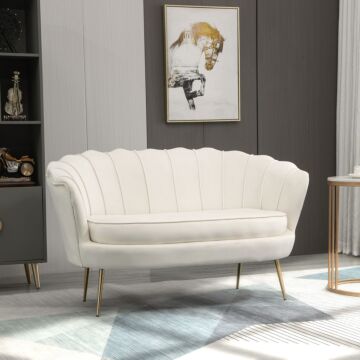 Homcom 2 Seater Sofa, Modern Velvet Loveseat Sofa, Fabric Small Couch With Petal Backrest And Gold Steel Legs, Cream