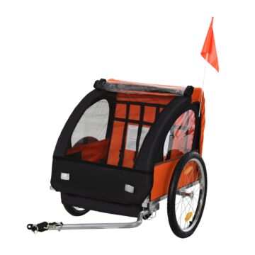 Homcom 2 Seat Bike Trailer Bicycle Wagon For Kids Child Steel Frame Safety Harness Seat Carrier Orange Black 130 X 76 X 88 Cm