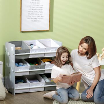 Zonekiz Kids Storage Unit With 9 Removable Storage Baskets, Toy Box Organiser With Shelf, Book Shelf For Nursery Playroom, Grey