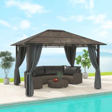 Outsunny 3 X 3.6m Hardtop Gazebo Canopy With Polycarbonate Roof Garden Pavilion With Removable Curtains And Steel Frame, Dark Grey