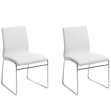 Set Of 2 Dining Chairs White Faux Leather Chromed Metal Legs Modern Beliani